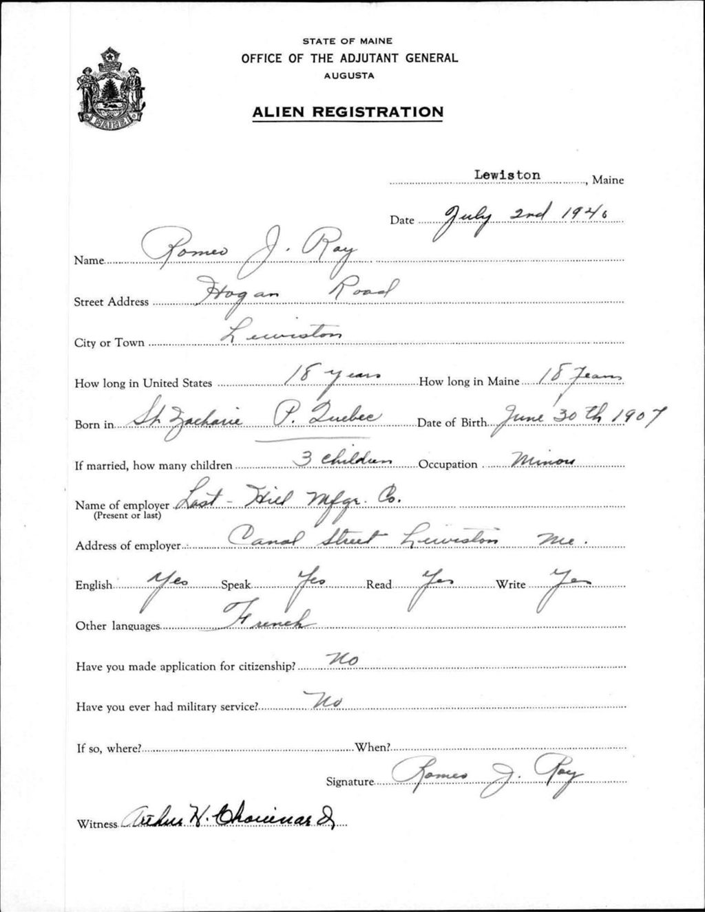 Miniature of Alien Registration- Roy, Romeo J. (Lewiston, Androscoggin County)
