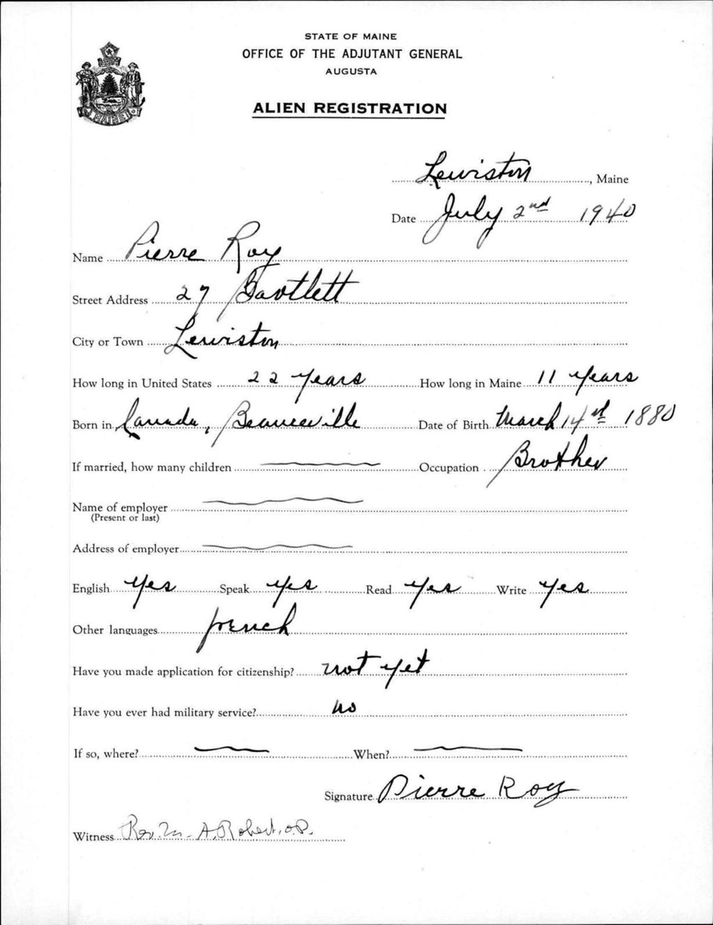 Miniature of Alien Registration- Roy, Pierre (Lewiston, Androscoggin County)