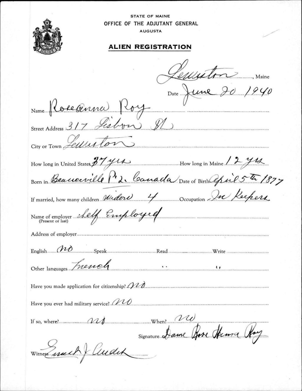 Miniature of Alien Registration- Roy, Roseanna (Lewiston, Androscoggin County)
