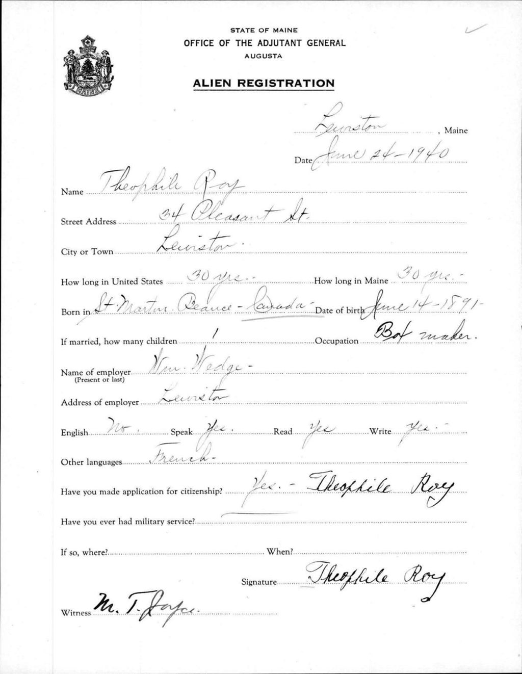 Miniature of Alien Registration- Roy, Theophile (Lewiston, Androscoggin County)