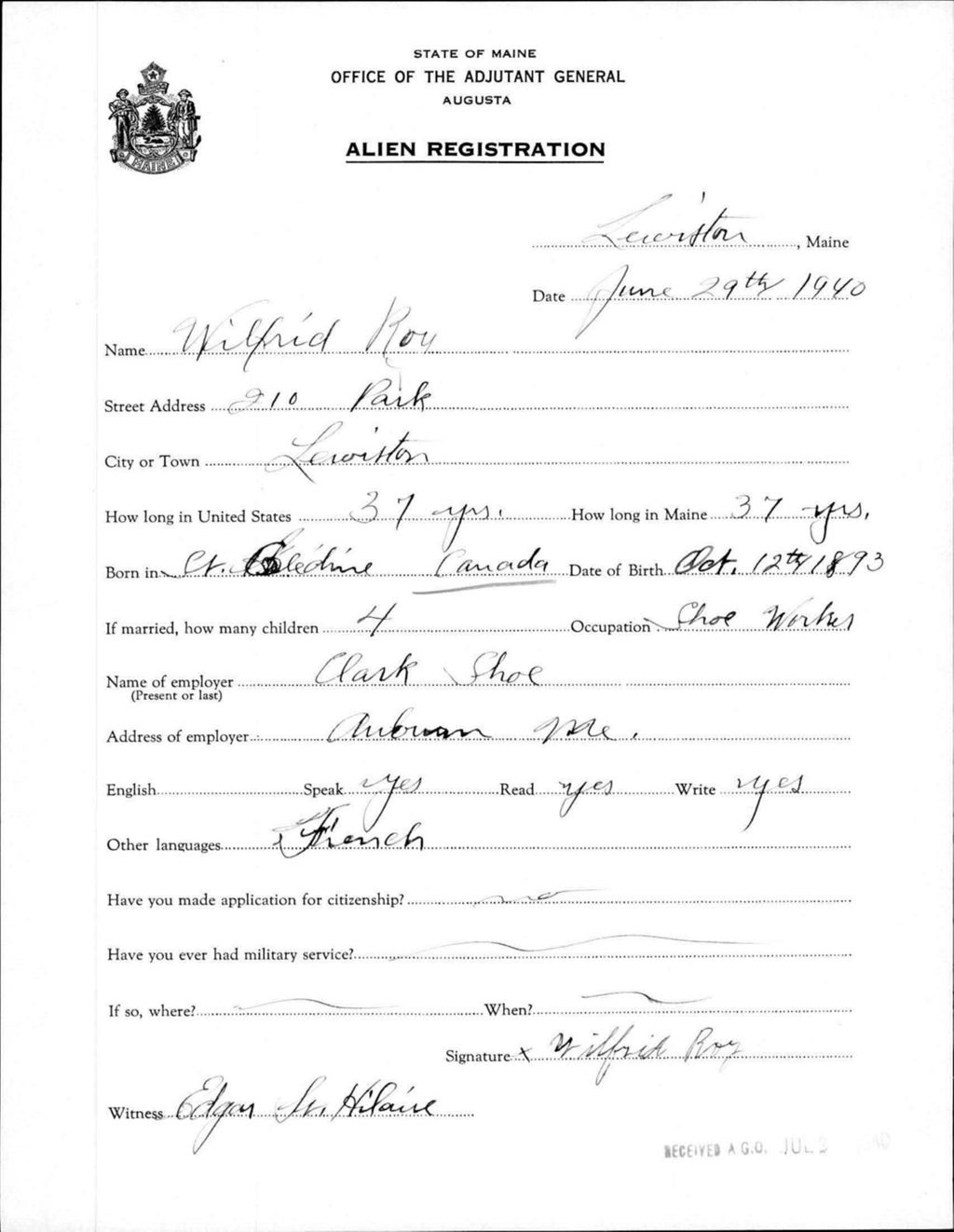 Miniature of Alien Registration- Roy, Wilfrid (Lewiston, Androscoggin County)