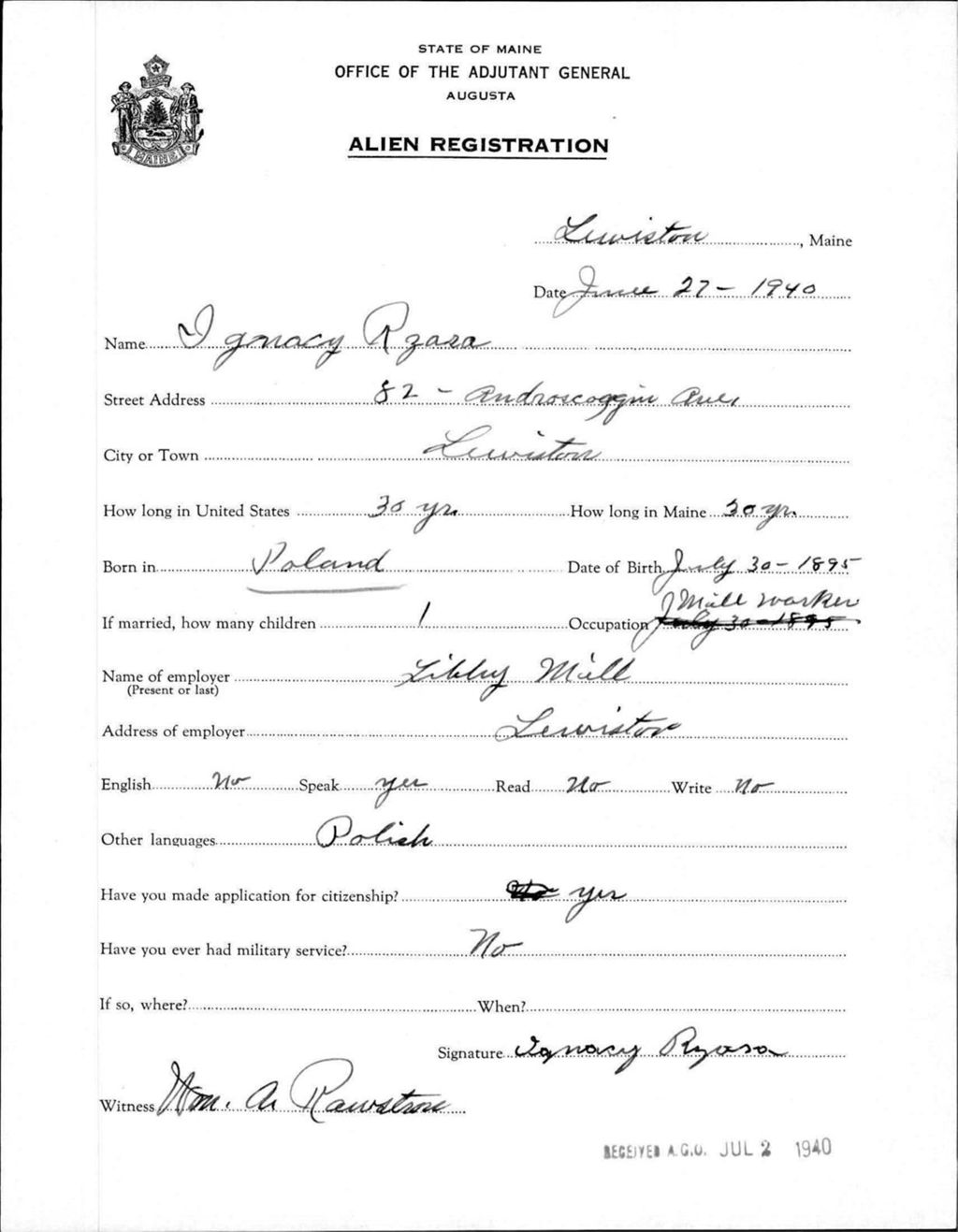 Miniature of Alien Registration- Rzasa, Ignacy (Lewiston, Androscoggin County)