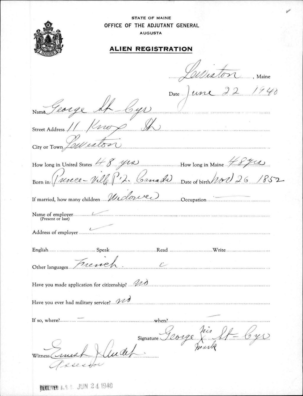 Miniature of Alien Registration- St. Cyr, George (Lewiston, Androscoggin County)