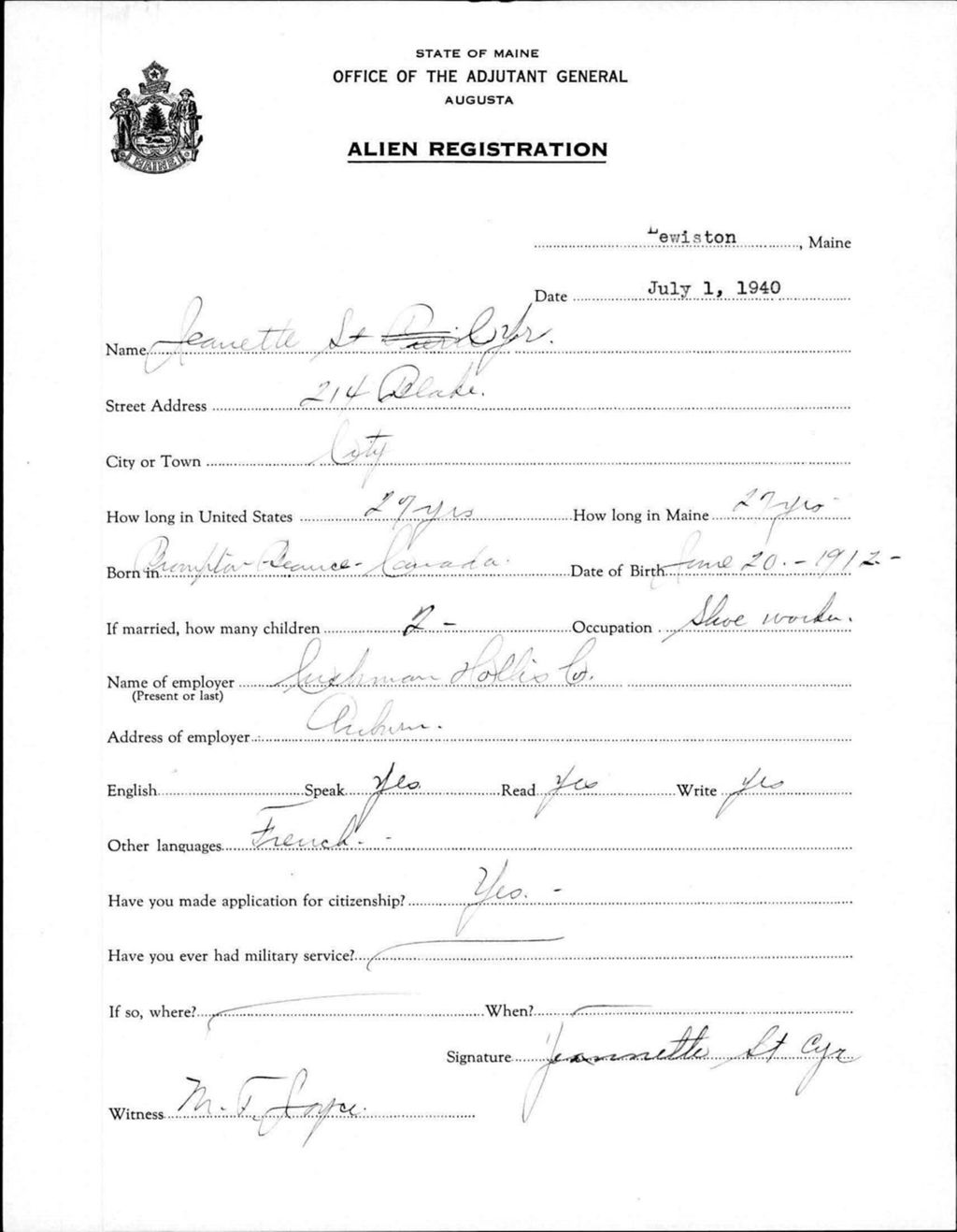 Miniature of Alien Registration- St Cyr, Jeanette (Lewiston, Androscoggin County)
