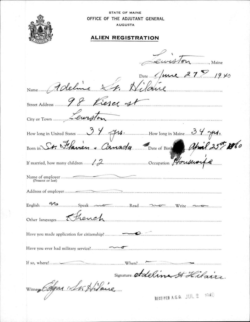 Miniature of Alien Registration- St Hilaire, Adeline (Lewiston, Androscoggin County)