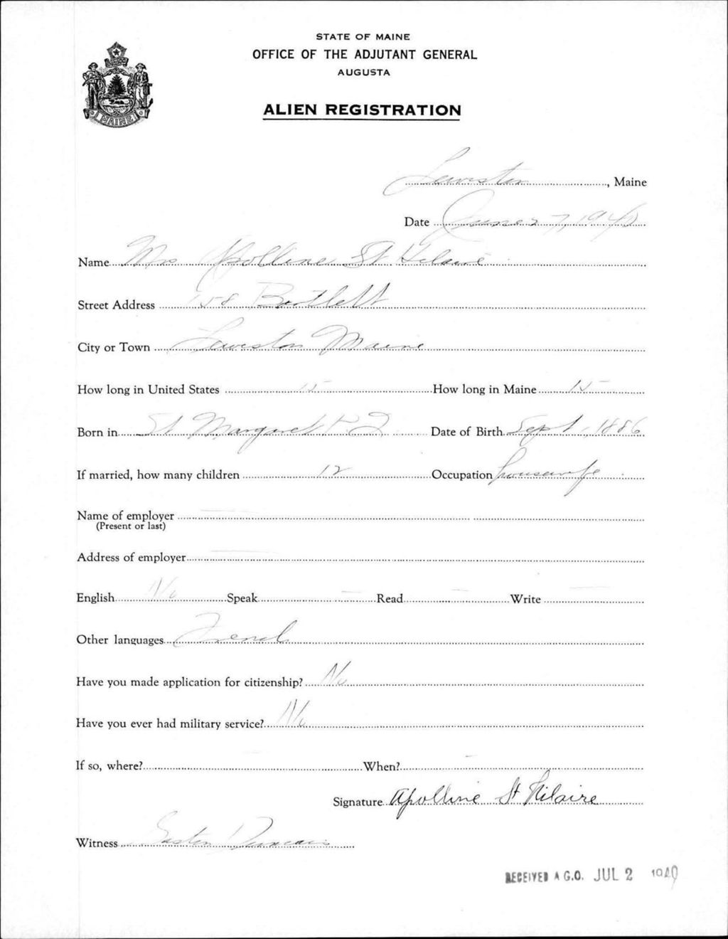 Miniature of Alien Registration- St Hilaire, Apolline (Lewiston, Androscoggin County)
