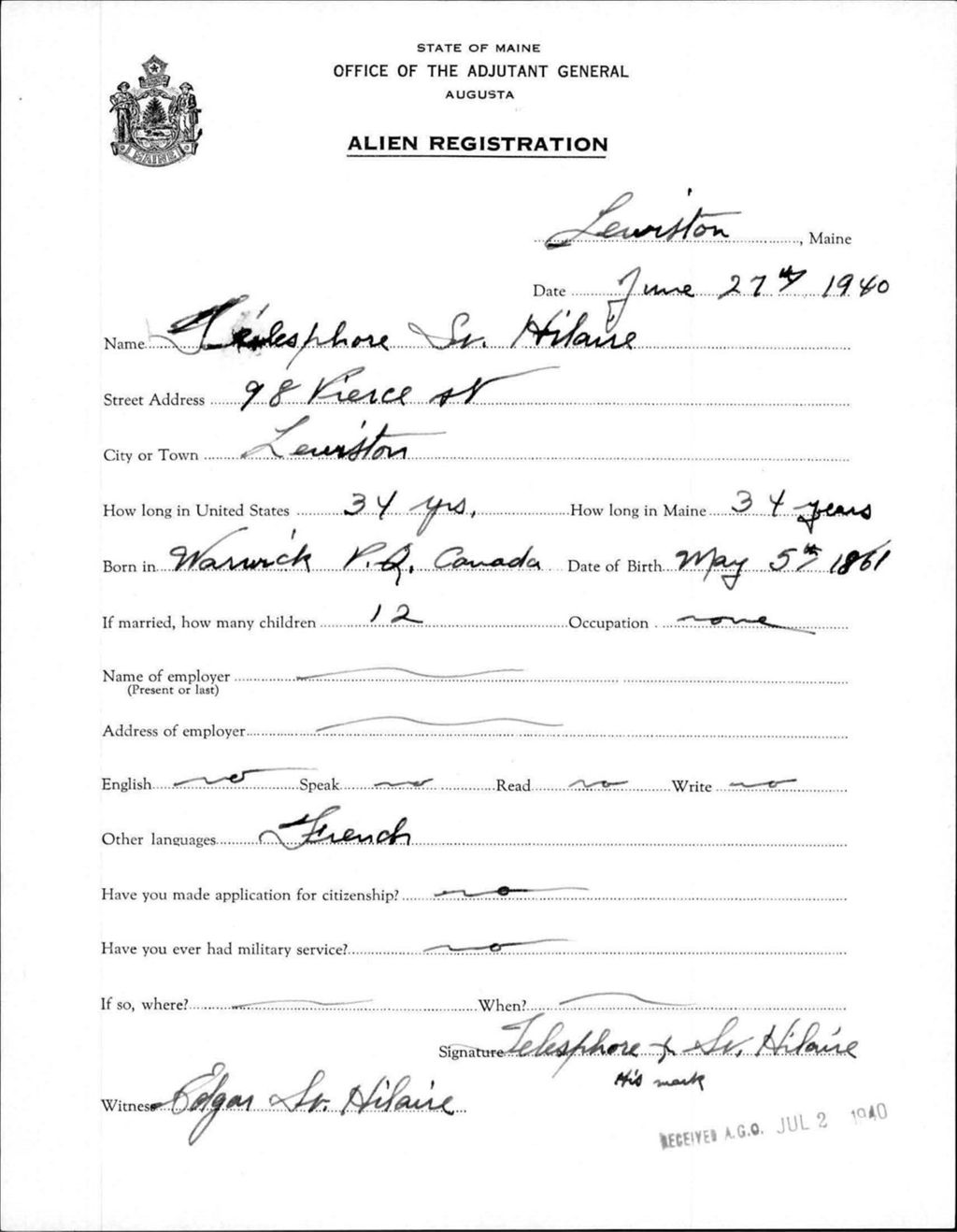 Miniature of Alien Registration- St Hilaire, Telesphore (Lewiston, Androscoggin County)