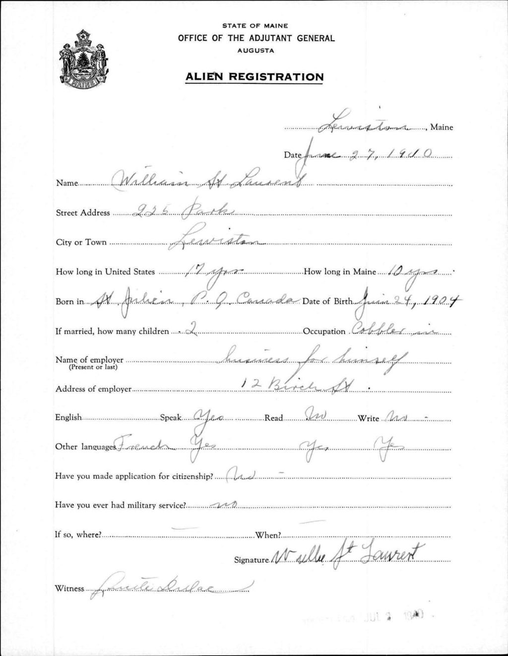 Miniature of Alien Registration- St Laurent, William (Lewiston, Androscoggin County)