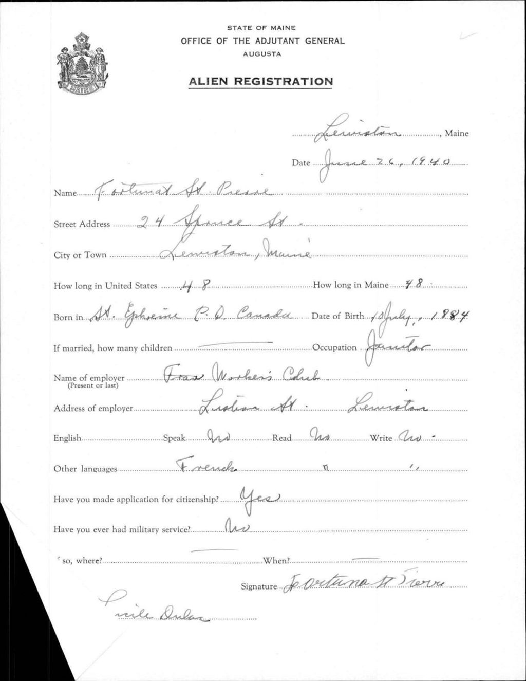 Miniature of Alien Registration- St Pirre, Fortunat (Lewiston, Androscoggin County)