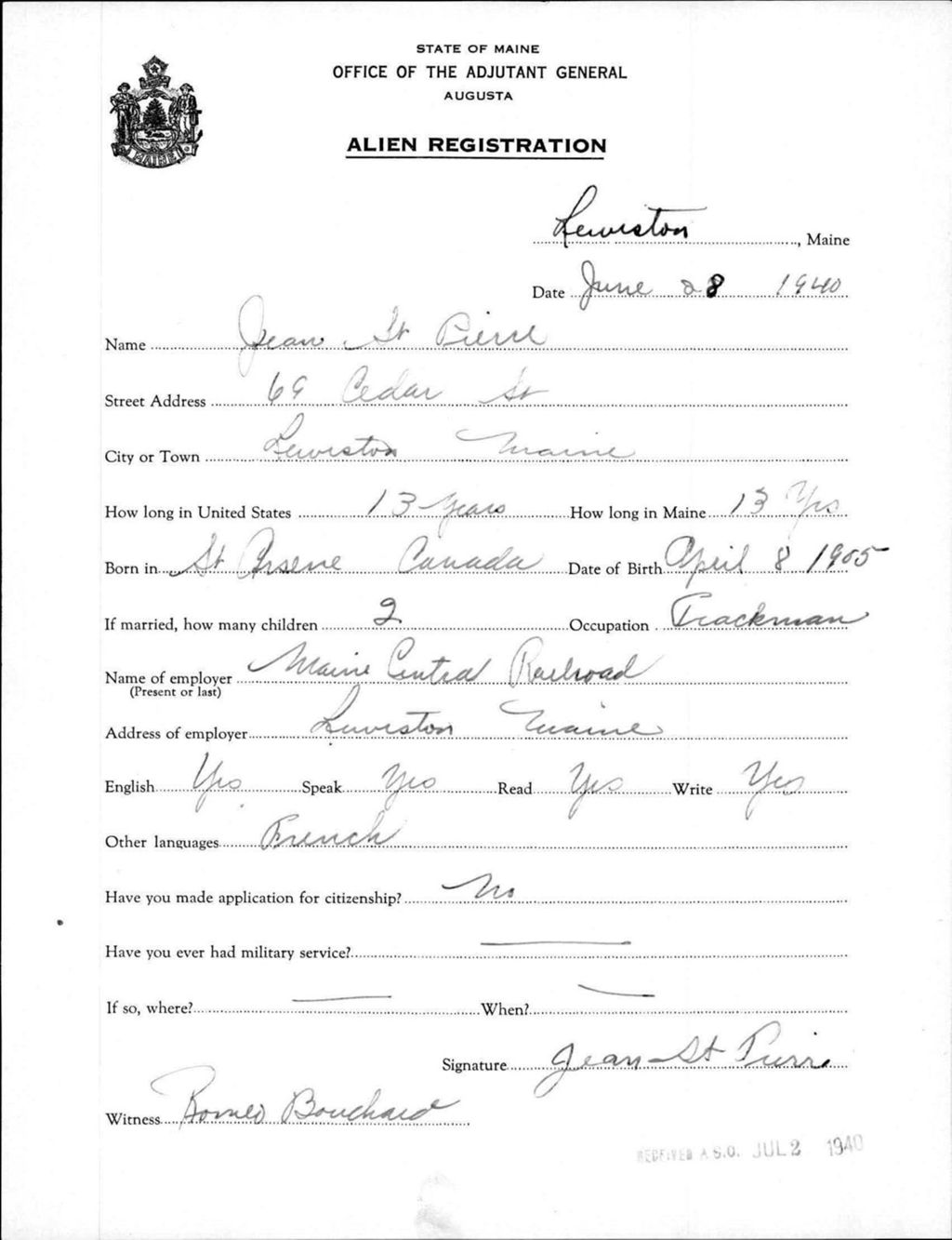 Miniature of Alien Registration- St Pierre, Jean (Lewiston, Androscoggin County)