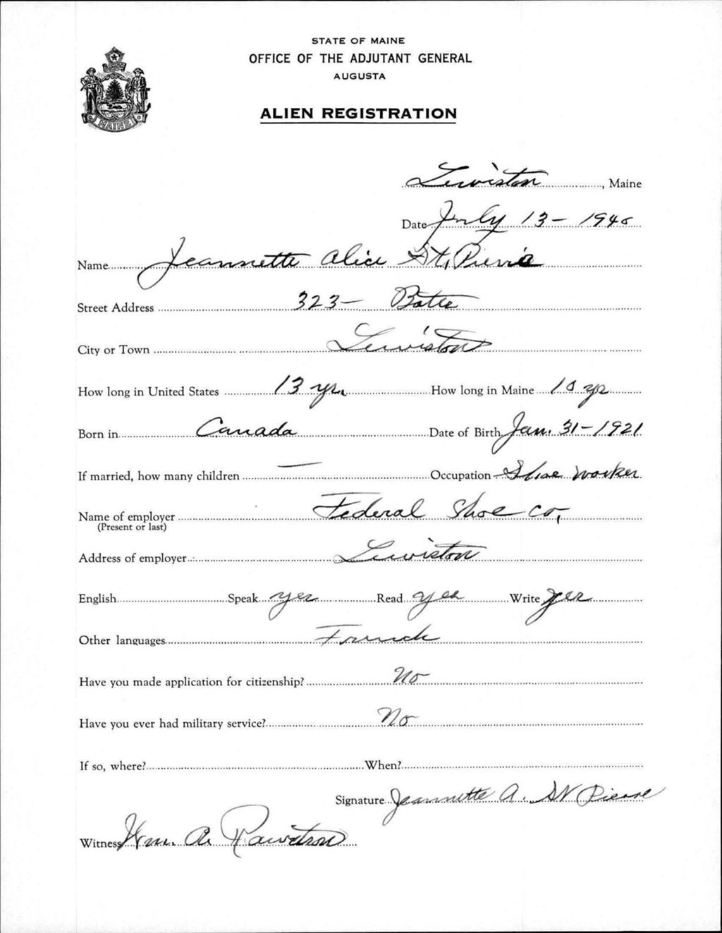 Miniature of Alien Registration- St Pierre, Jeannette A. (Lewiston, Androscoggin County)