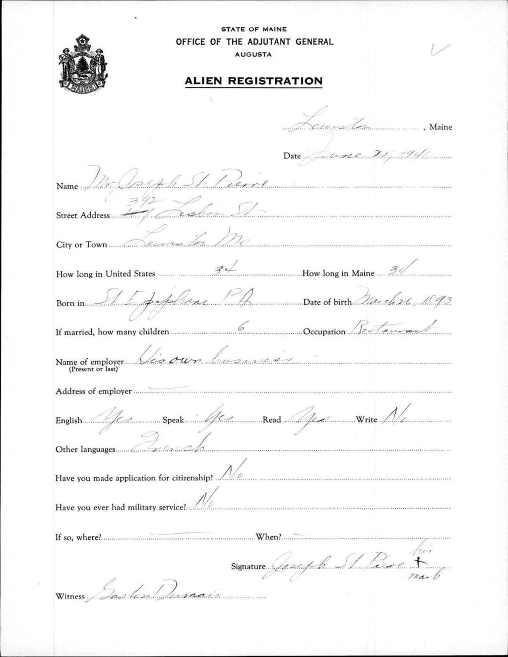 Miniature of Alien Registration- St Pierre, Joseph (Lewiston, Androscoggin County)