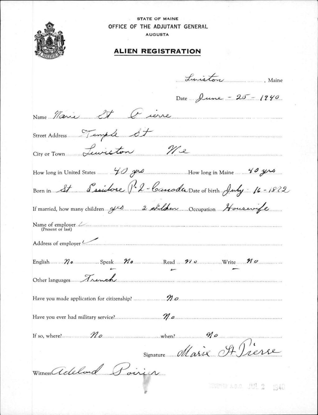 Miniature of Alien Registration- St Pierre, Marie (Lewiston, Androscoggin County)
