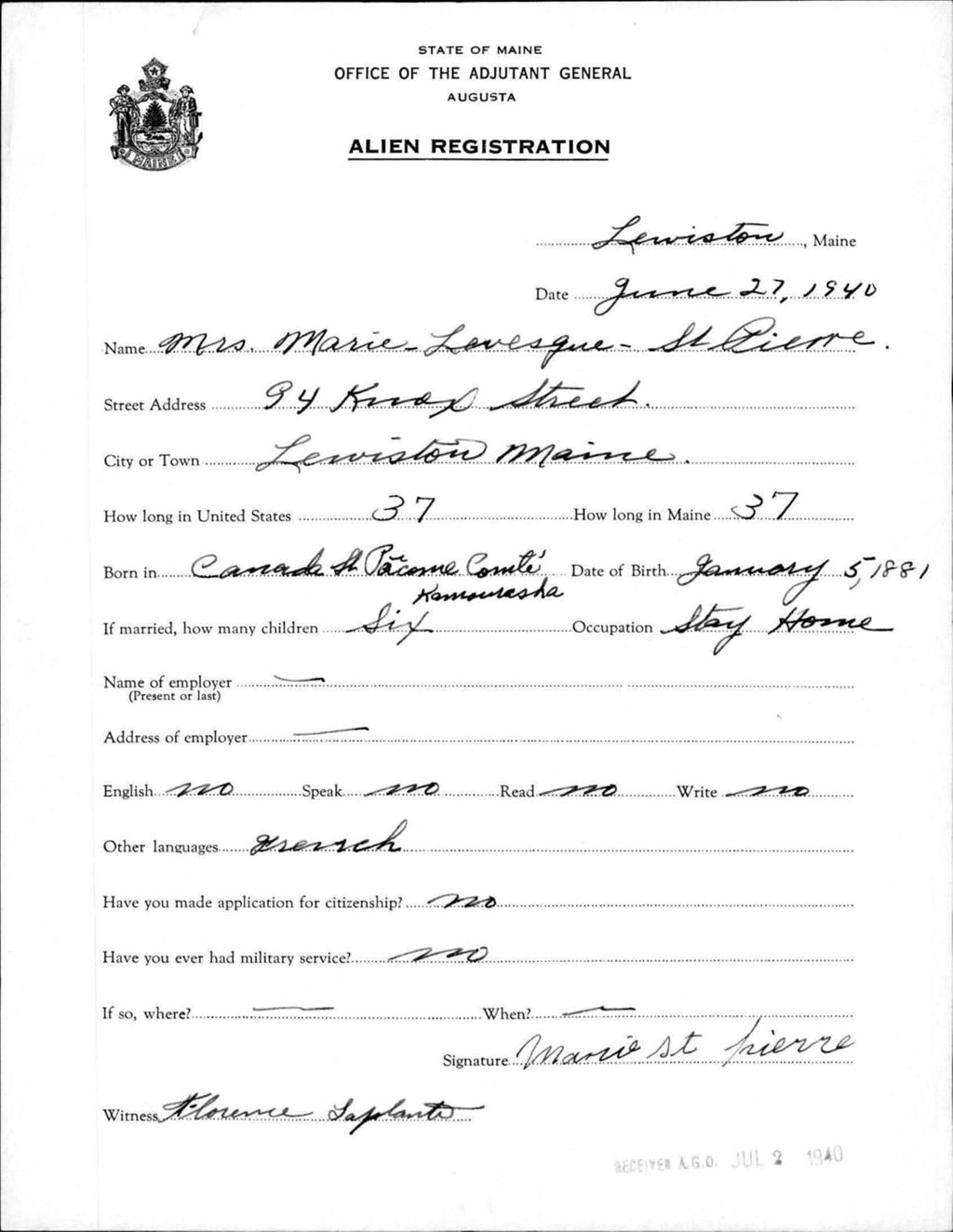 Miniature of Alien Registration- Levesque, Marie (Lewiston, Androscoggin County)