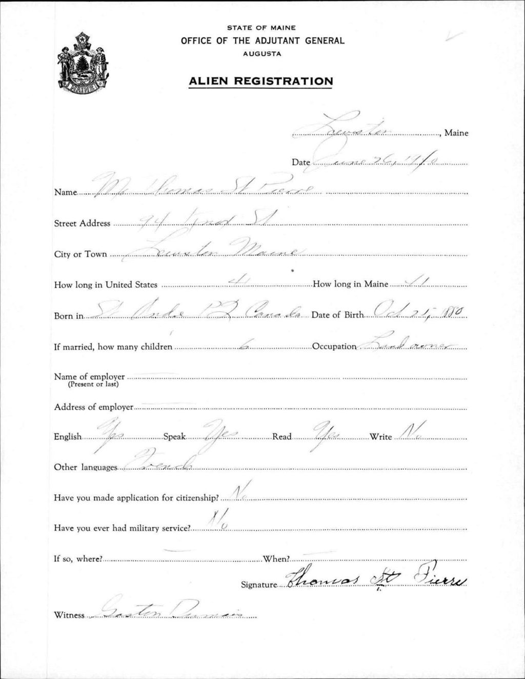 Miniature of Alien Registration- St Pierre, Thomas (Lewiston, Androscoggin County)