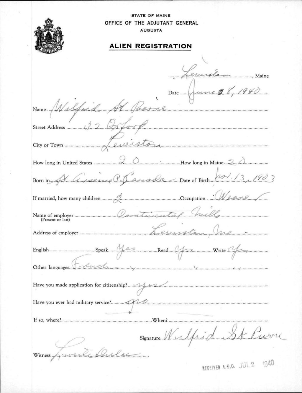 Miniature of Alien Registration- St Pierre, Wilfrid (Lewiston, Androscoggin County)