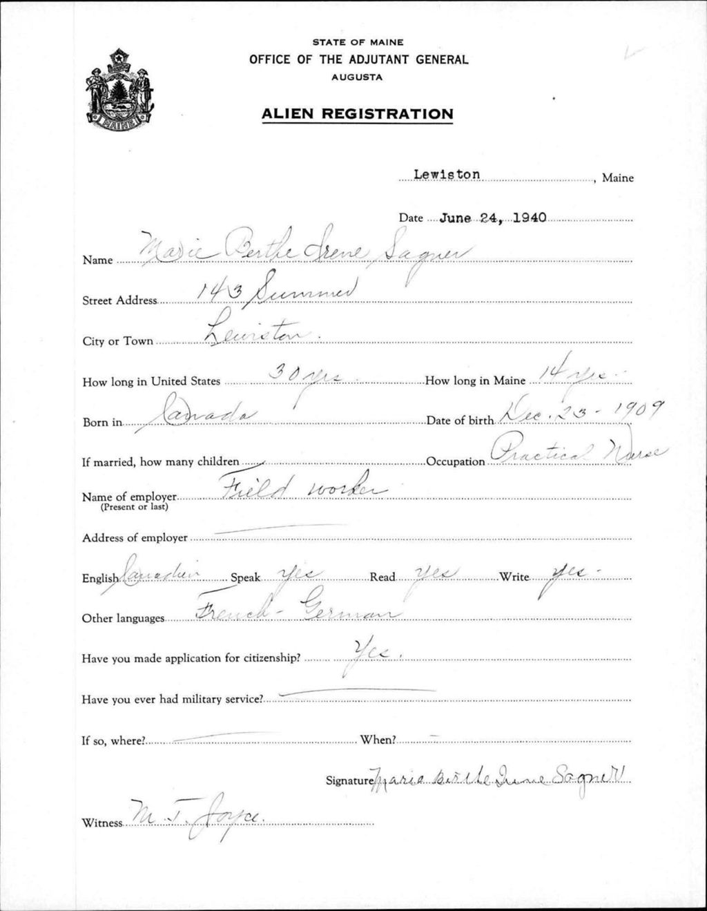 Miniature of Alien Registration- Sagner, Marie Berthe I. (Lewiston, Androscoggin County)