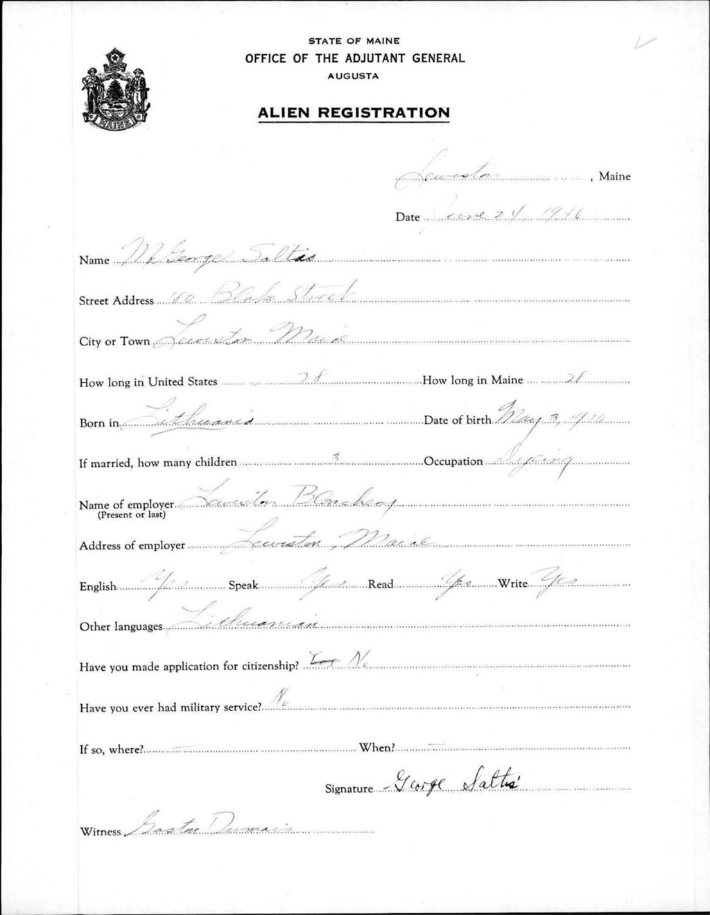 Miniature of Alien Registration- Saltas, George (Lewiston, Androscoggin County)