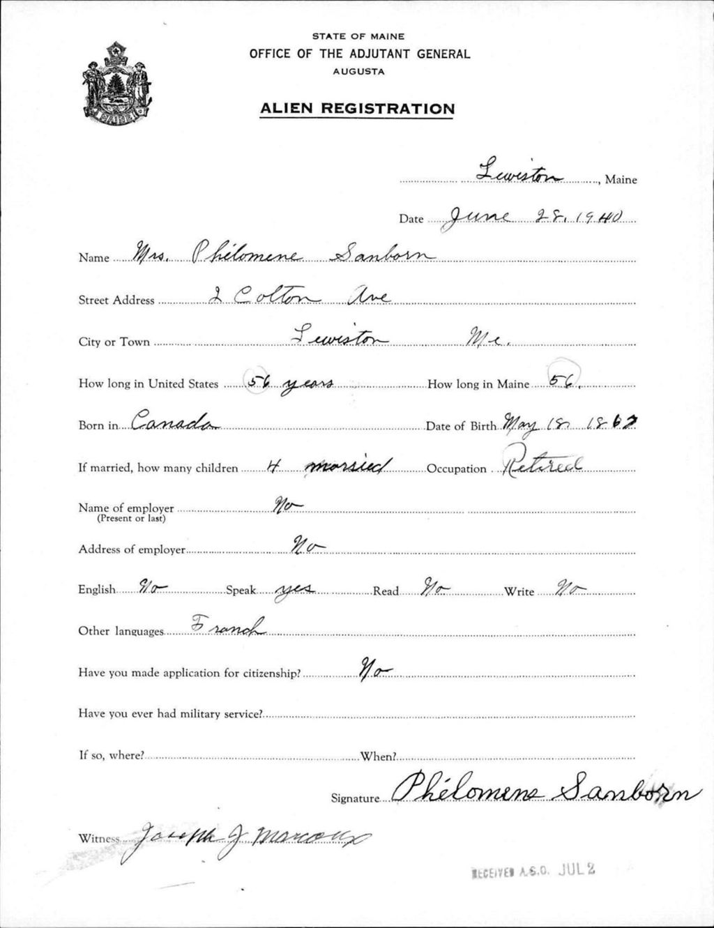 Miniature of Alien Registration- Sanborn, Philomene (Lewiston, Androscoggin County)