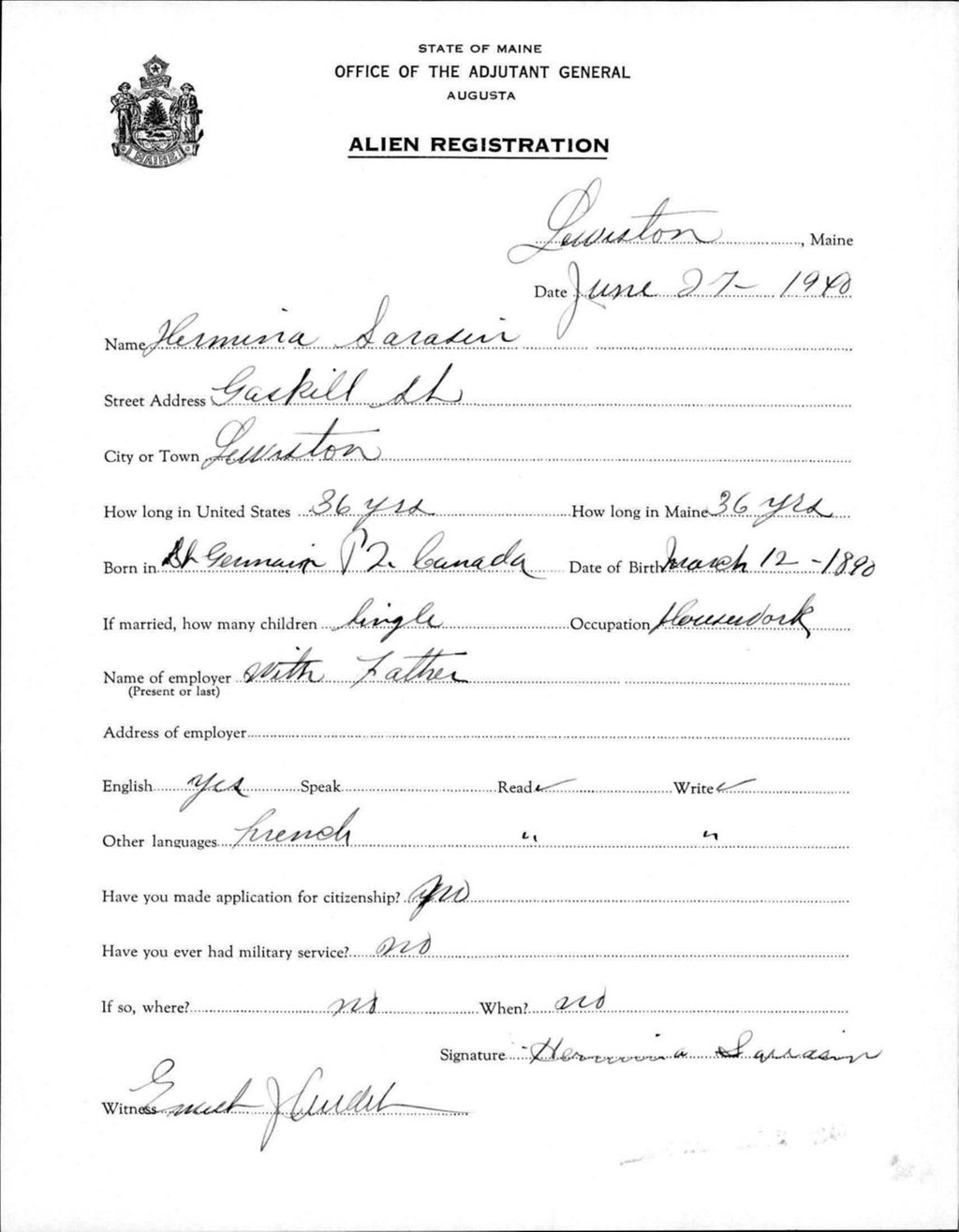 Miniature of Alien Registration- Sarasin, Hermina (Lewiston, Androscoggin County)