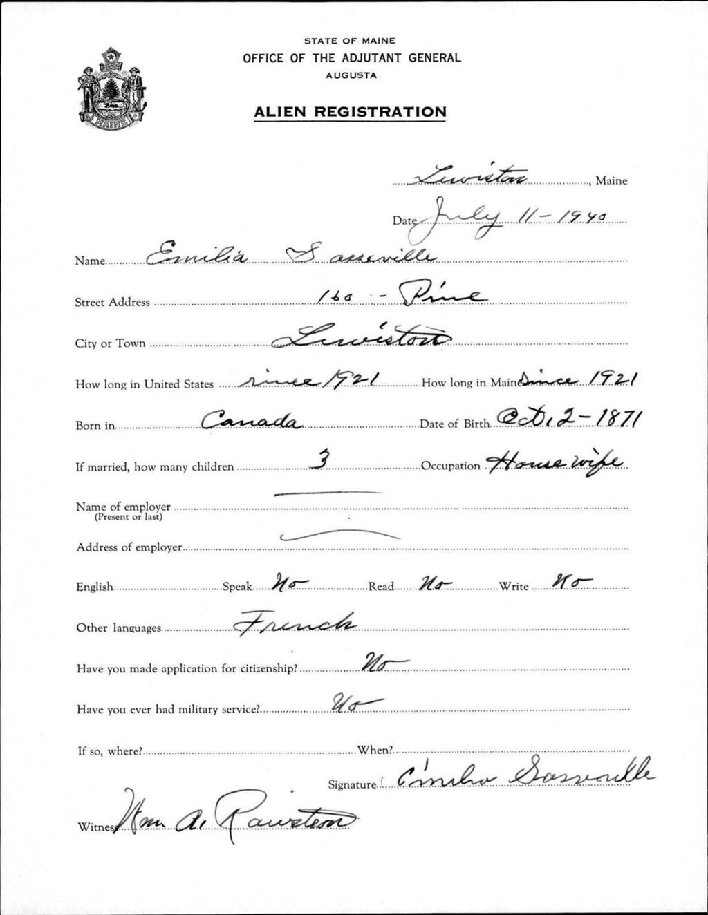 Miniature of Alien Registration- Sassville, Emilia (Lewiston, Androscoggin County)