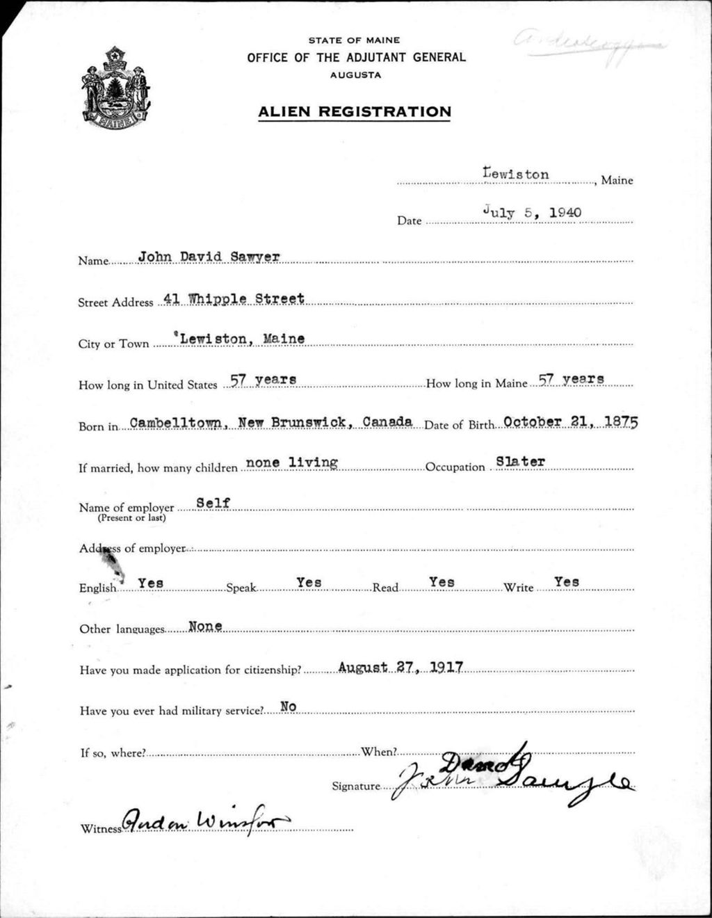 Miniature of Alien Registration- Sawyer, John D. (Lewiston, Androscoggin County)