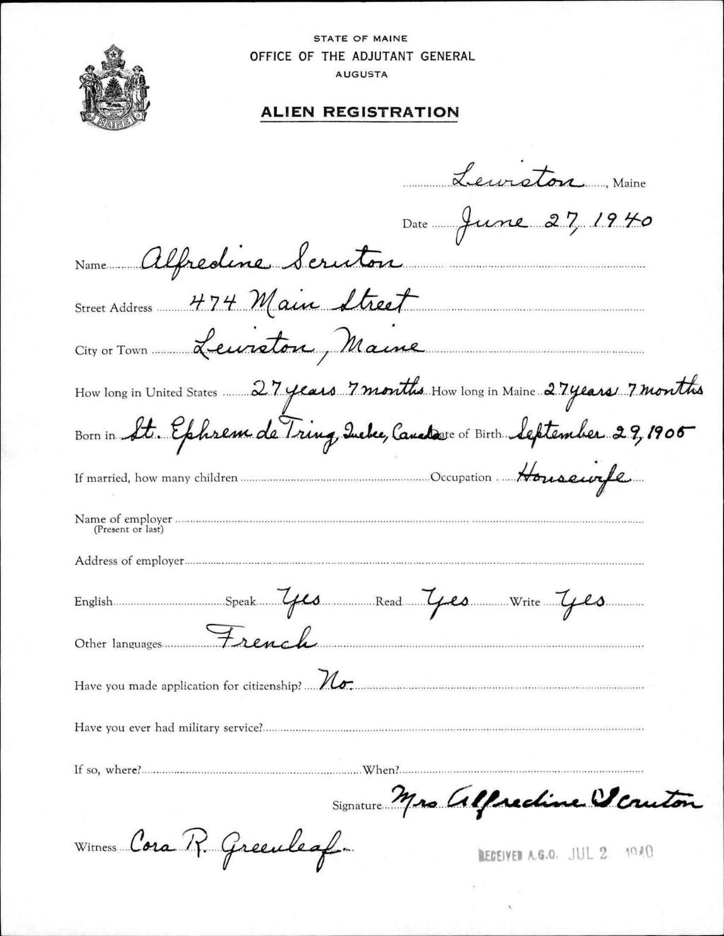 Miniature of Alien Registration- Seruton, Alfredine (Lewiston, Androscoggin County)
