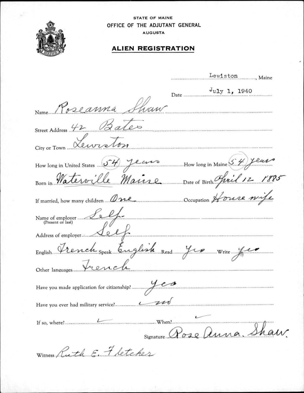 Miniature of Alien Registration- Shaw, Roseanna (Lewiston, Androscoggin County)