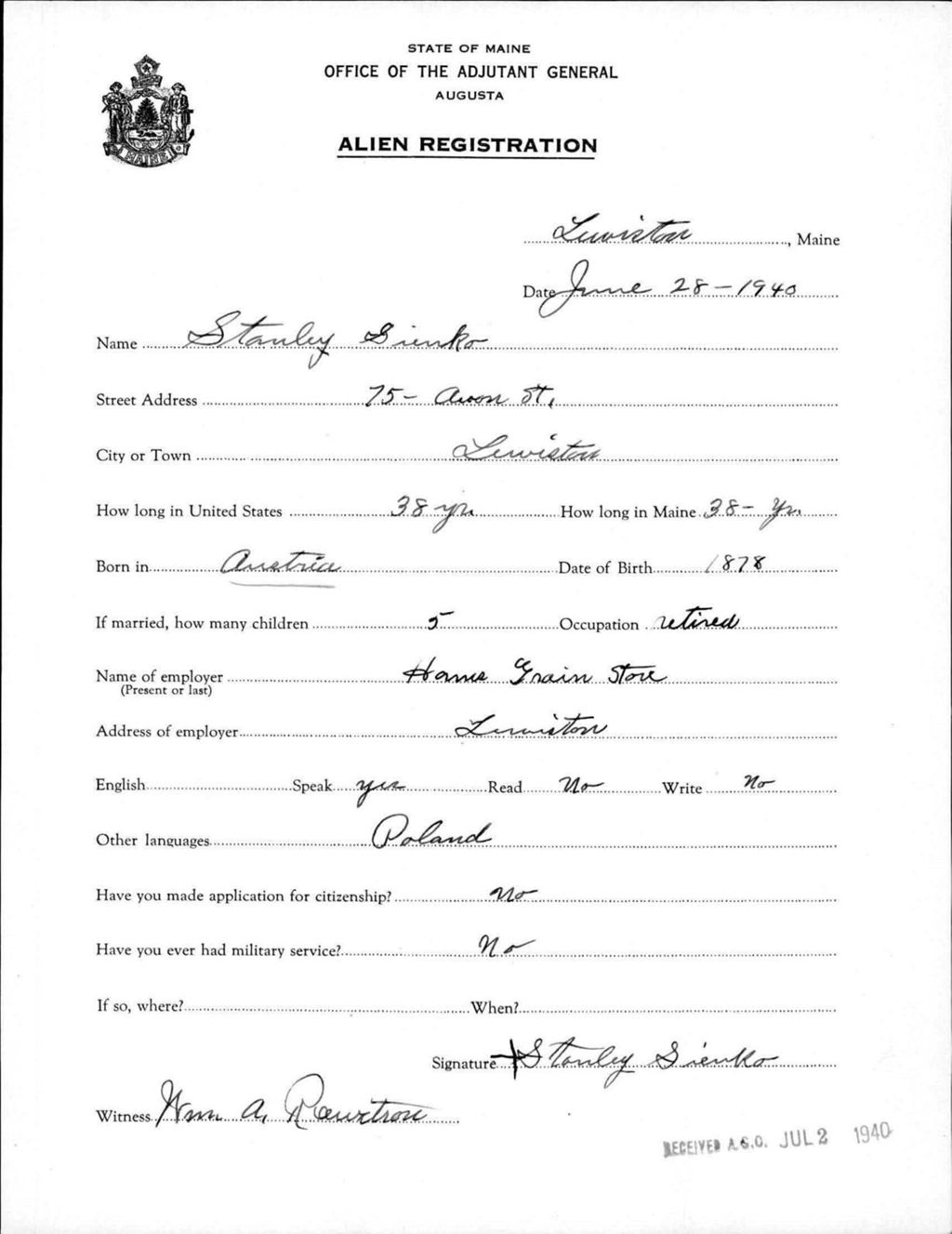 Miniature of Alien Registration- Sienko, Stanley (Lewiston, Androscoggin County)
