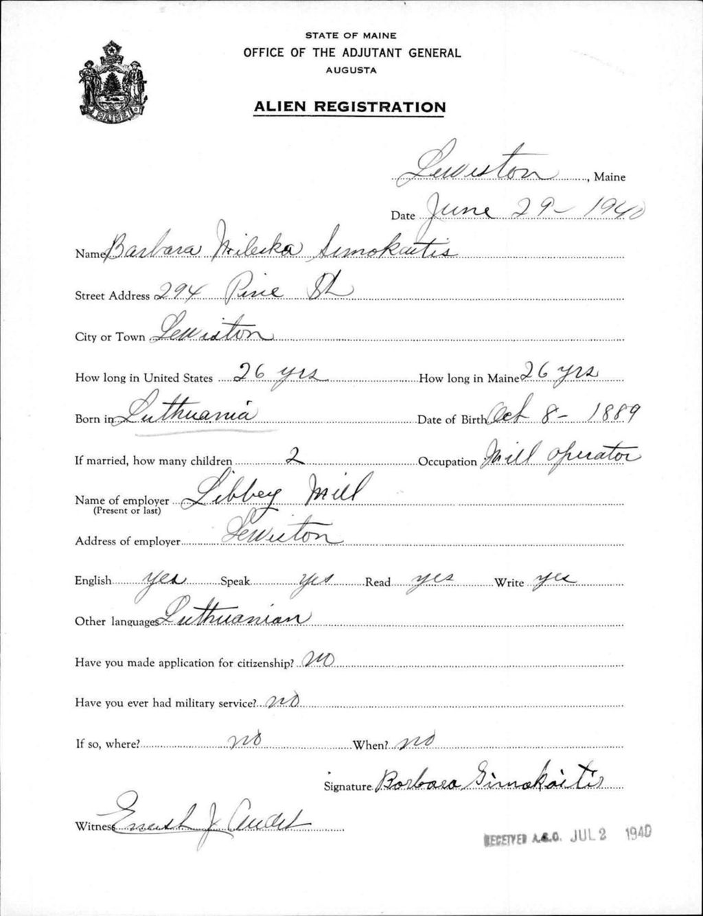 Miniature of Alien Registration- Mileska, Barbara (Lewiston, Androscoggin County)