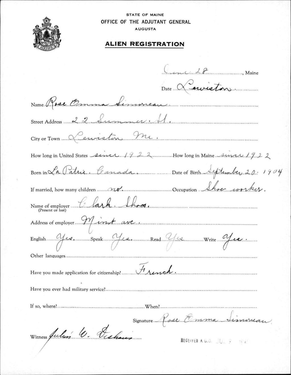 Miniature of Alien Registration- Simoneau, Rose E. (Lewiston, Androscoggin County)