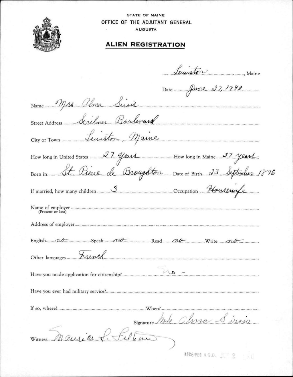 Miniature of Alien Registration- Sirois, Alma (Lewiston, Androscoggin County)