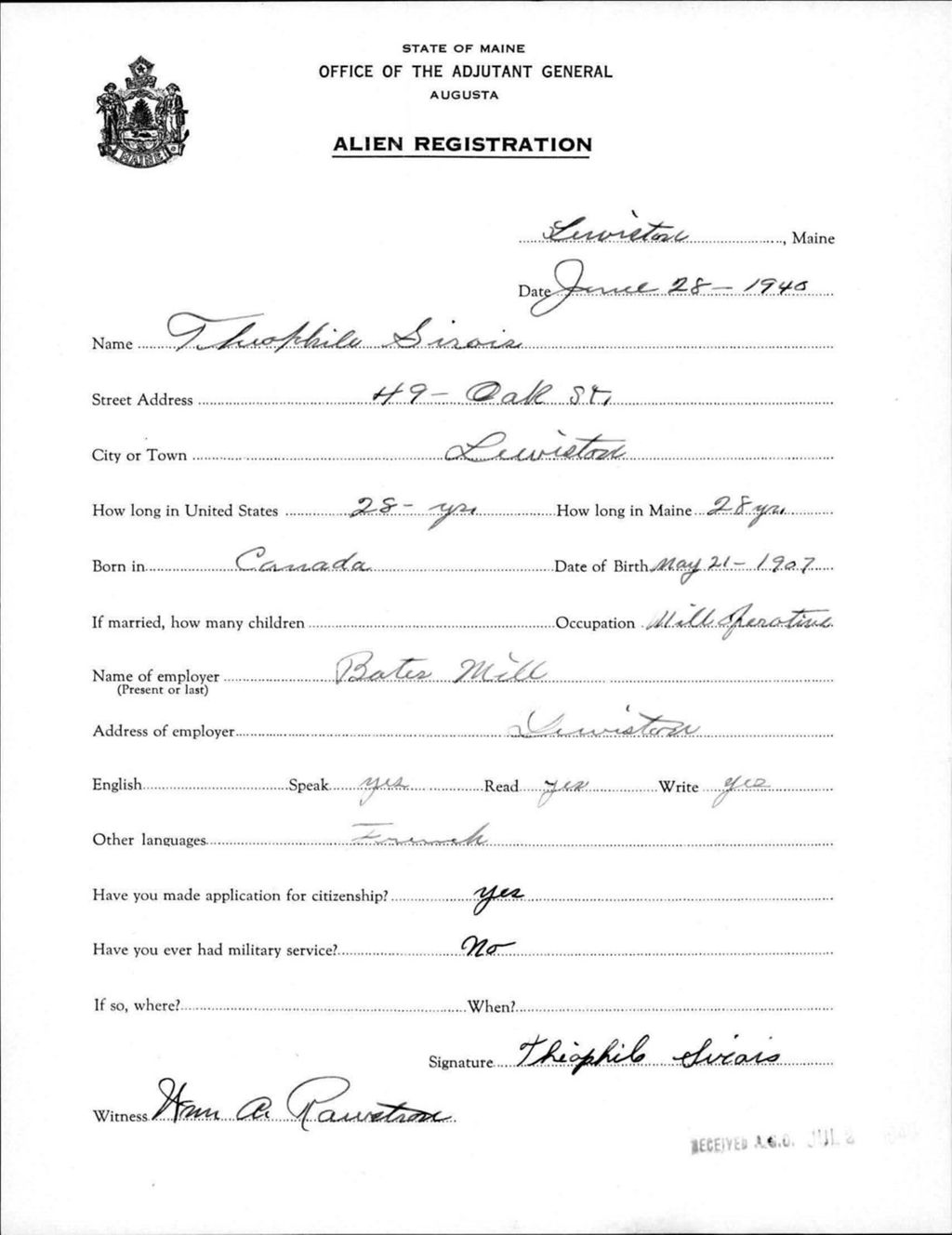 Miniature of Alien Registration- Sirois, Theophile (Lewiston, Androscoggin County)