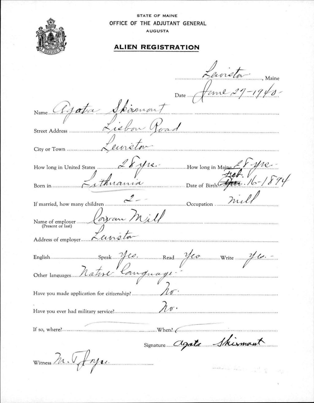 Miniature of Alien Registration- Skismont, Agota (Lewiston, Androscoggin County)