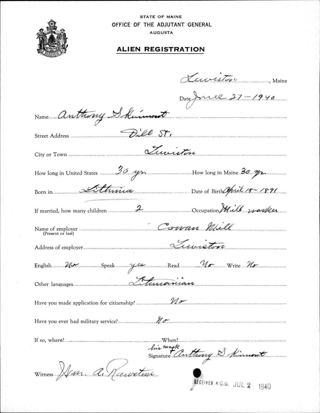 Miniature of Alien Registration- Skismont, Anthony (Lewiston, Androscoggin County)