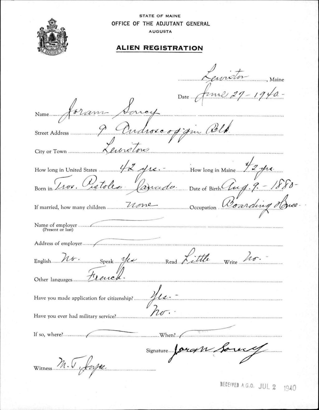 Miniature of Alien Registration- Soucy, Joran (Lewiston, Androscoggin County)
