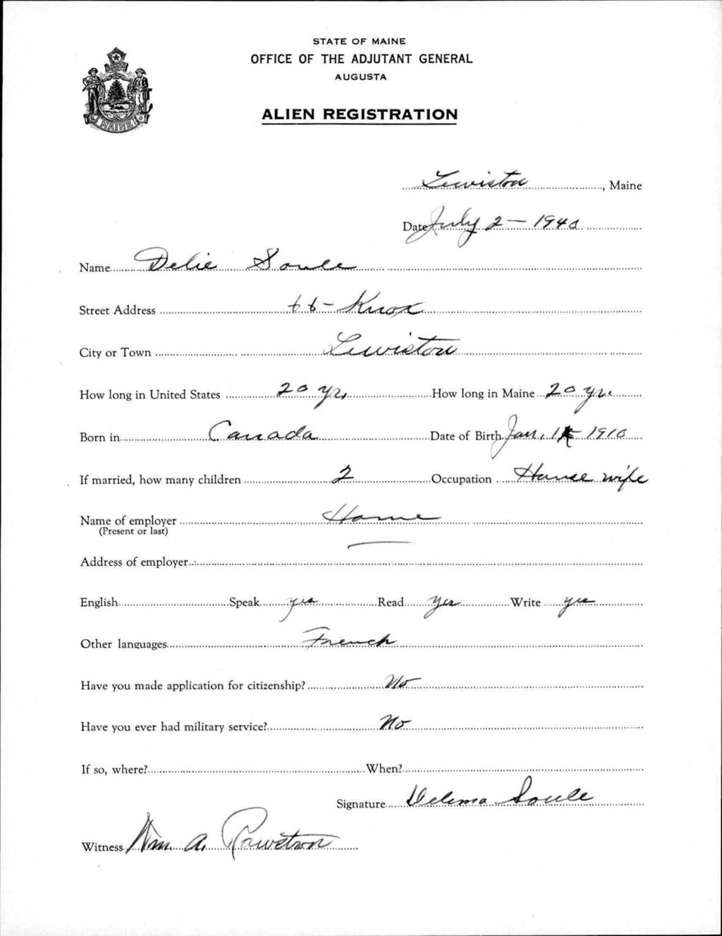 Miniature of Alien Registration- Soule, Delie (Lewiston, Androscoggin County)