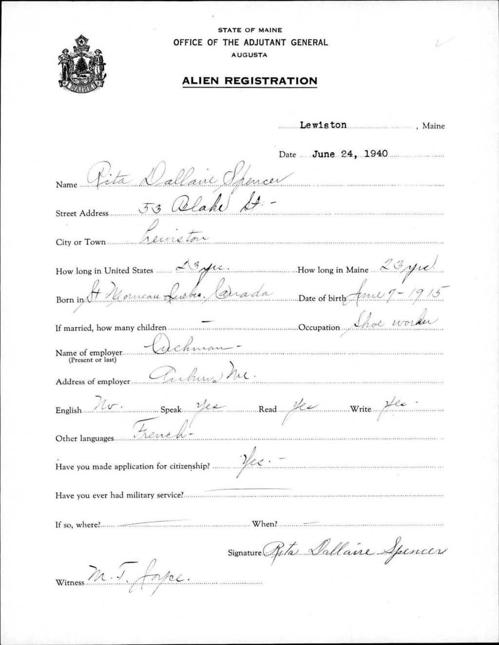 Miniature of Alien Registration- Dallaire, Rita (Lewiston, Androscoggin County)