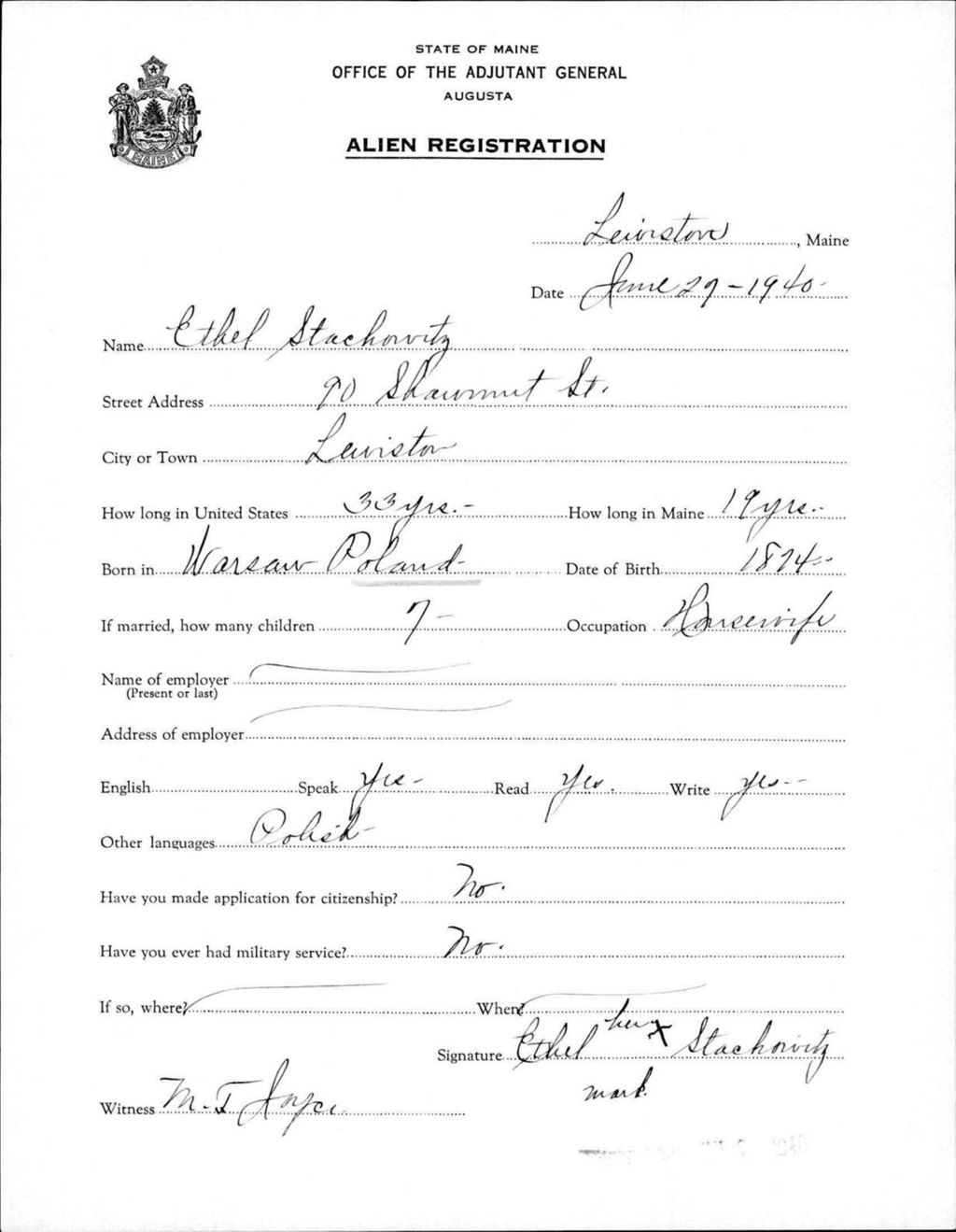 Miniature of Alien Registration- Stachorvitz, Ethel (Lewiston, Androscoggin County)
