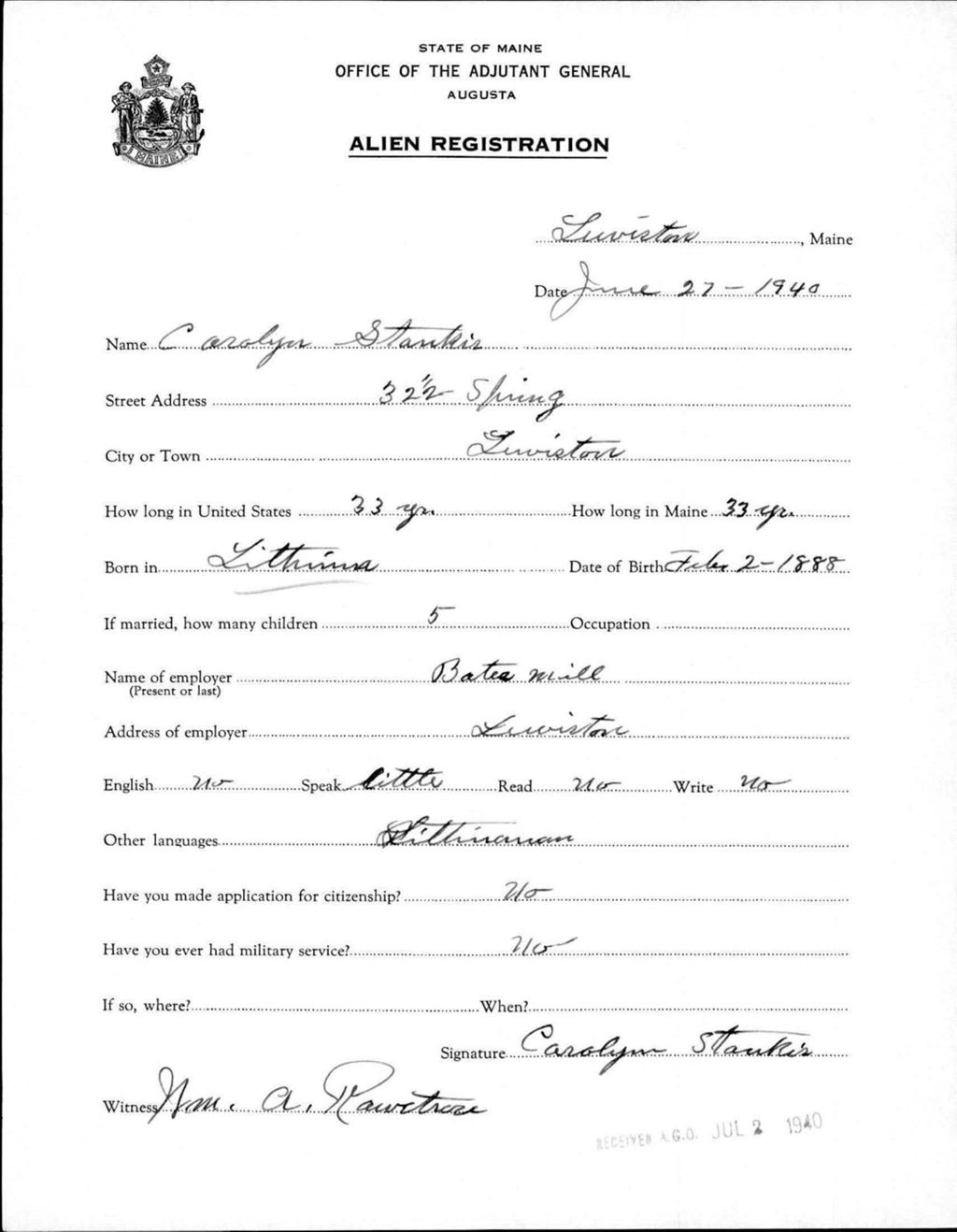Miniature of Alien Registration- Stankis, Carolyn (Lewiston, Androscoggin County)