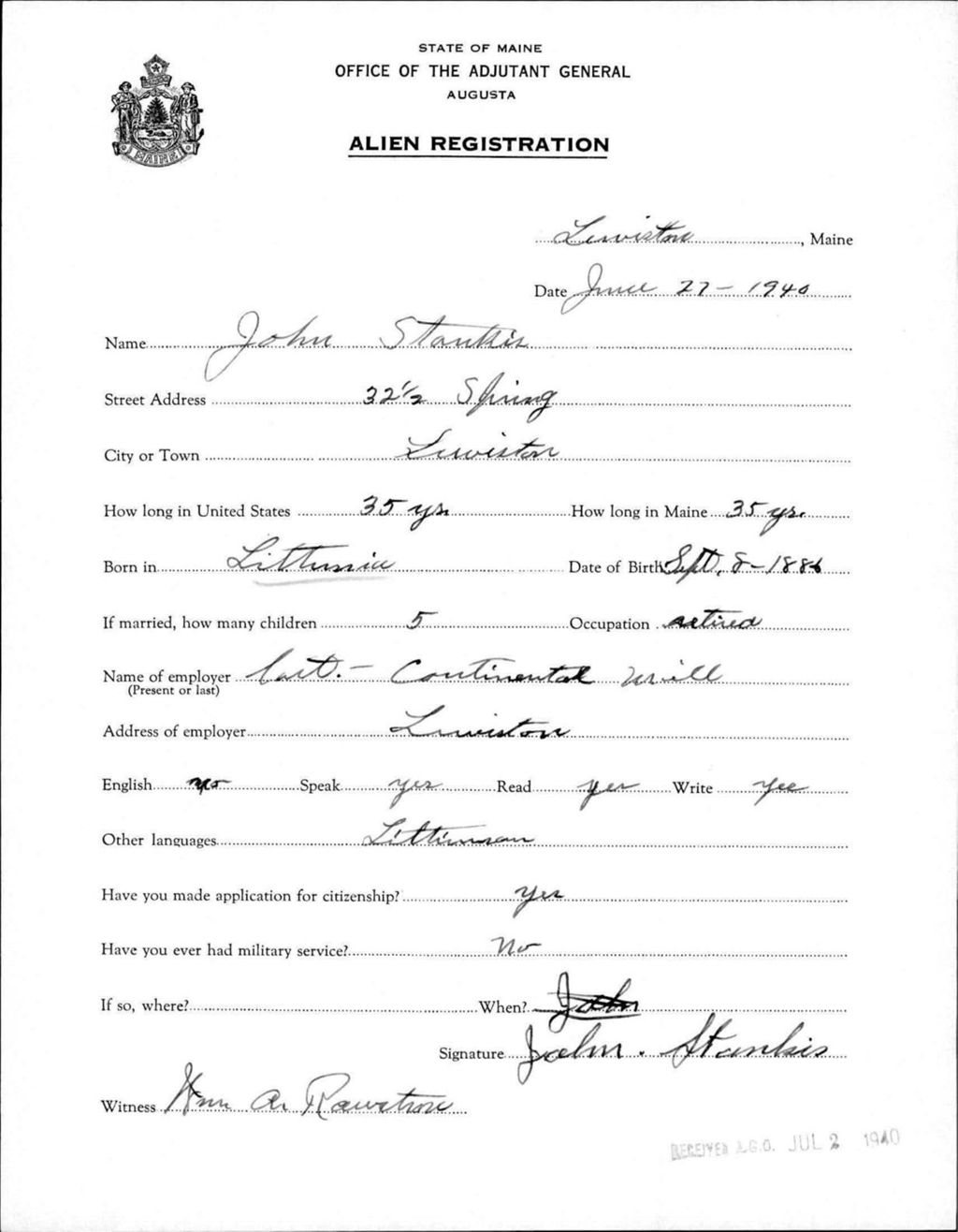 Miniature of Alien Registration- Stankis, John (Lewiston, Androscoggin County)