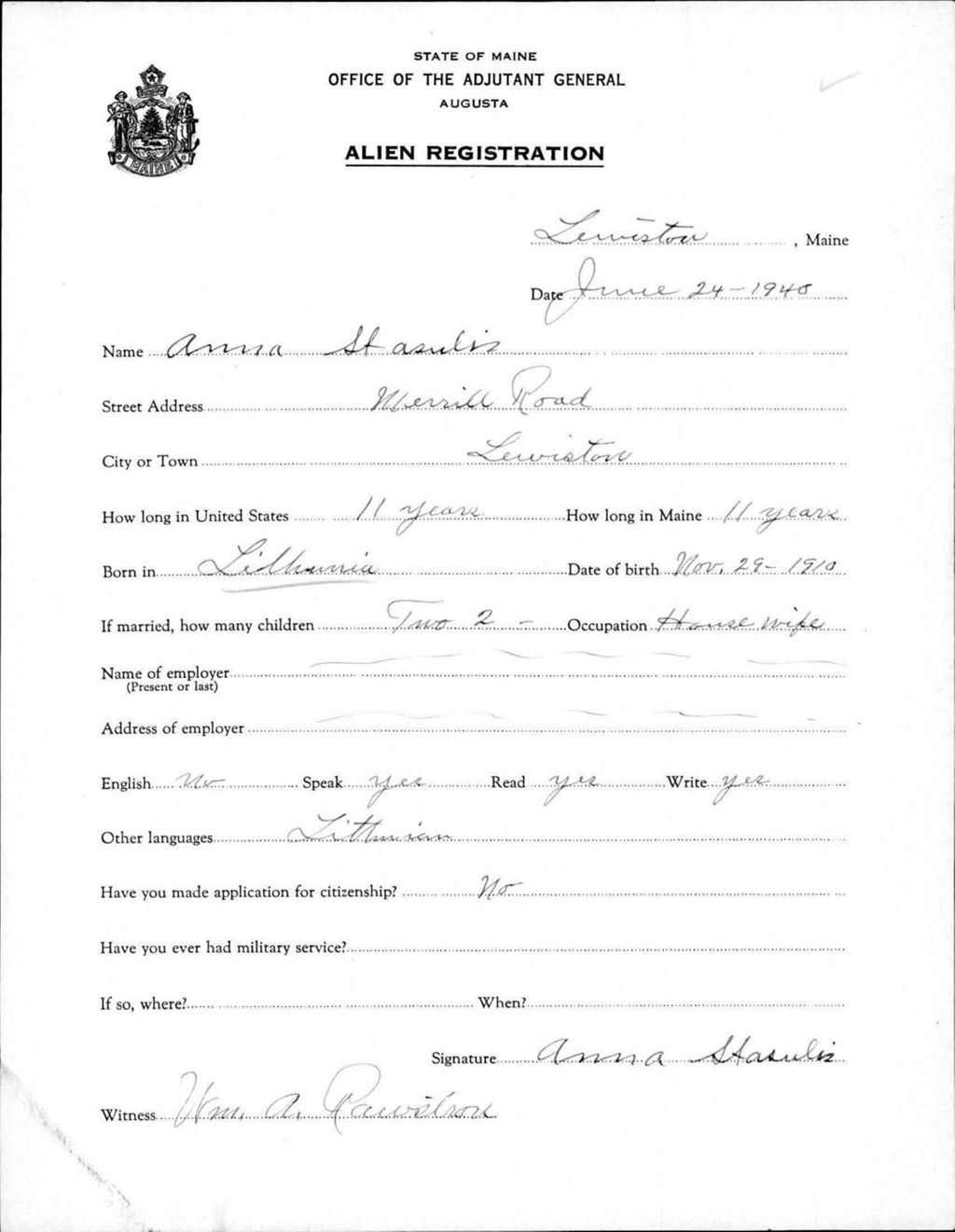 Miniature of Alien Registration- Stasulis, Anna (Lewiston, Androscoggin County)