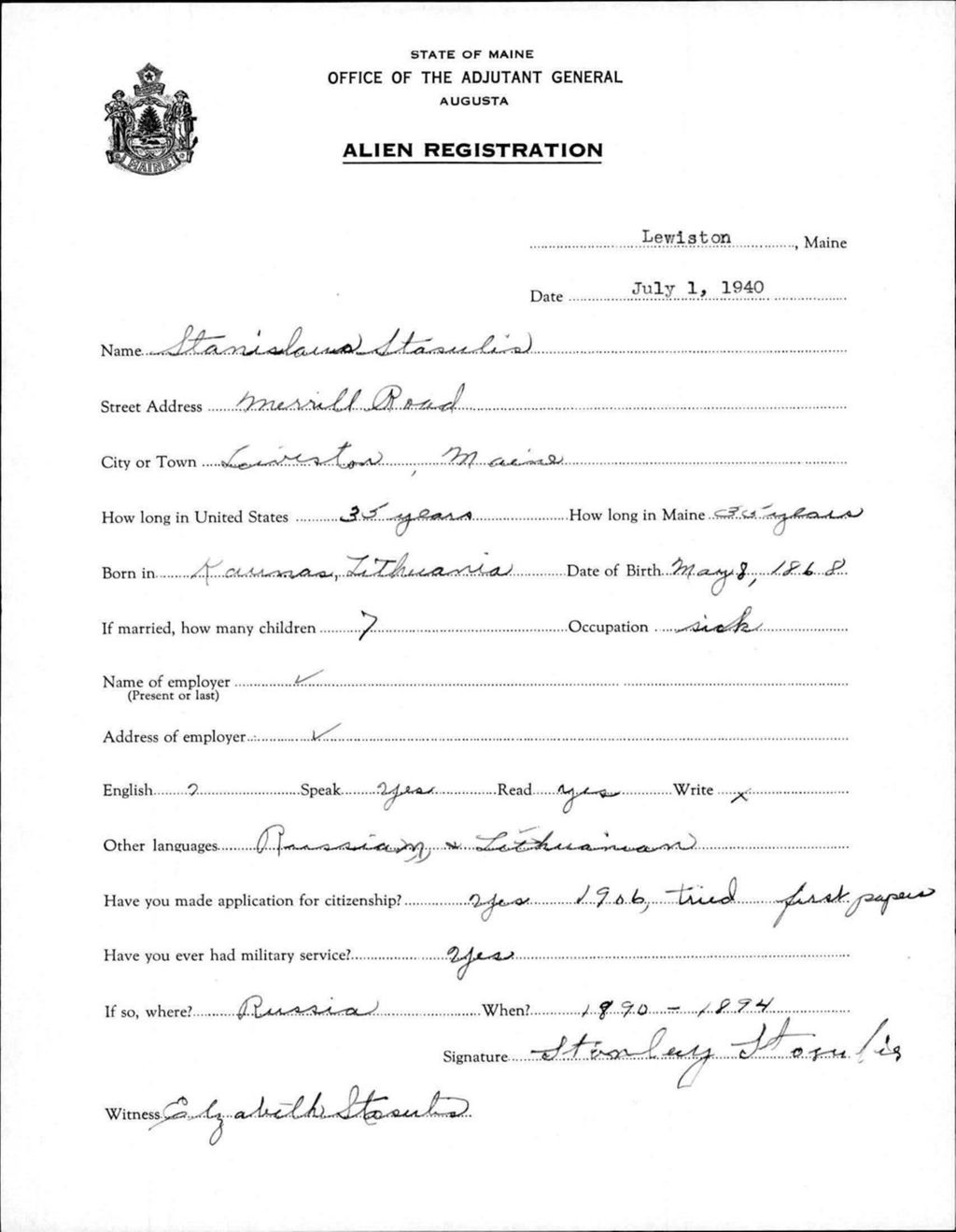 Miniature of Alien Registration- Stasulis, Stanislaus (Lewiston, Androscoggin County)