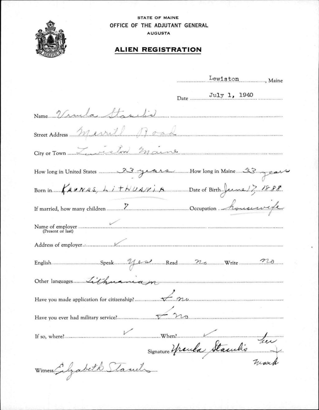 Miniature of Alien Registration- Stasulis, Ursula (Lewiston, Androscoggin County)