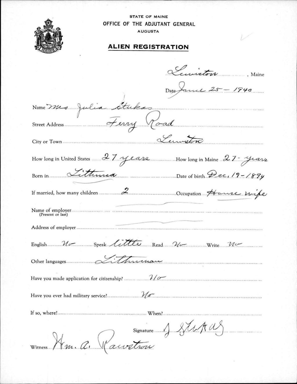 Miniature of Alien Registration- Stukas, Julia (Lewiston, Androscoggin County)