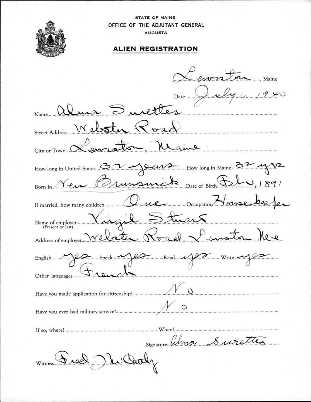 Miniature of Alien Registration- Surettes, Alma (Lewiston, Androscoggin County)