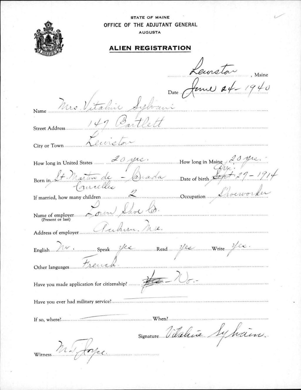 Miniature of Alien Registration- Sylvain, Vitaline (Lewiston, Androscoggin County)