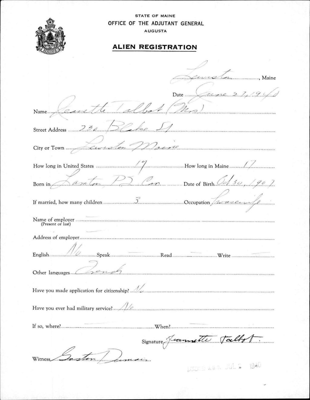 Miniature of Alien Registration- Talbot, Jeanette (Lewiston, Androscoggin County)