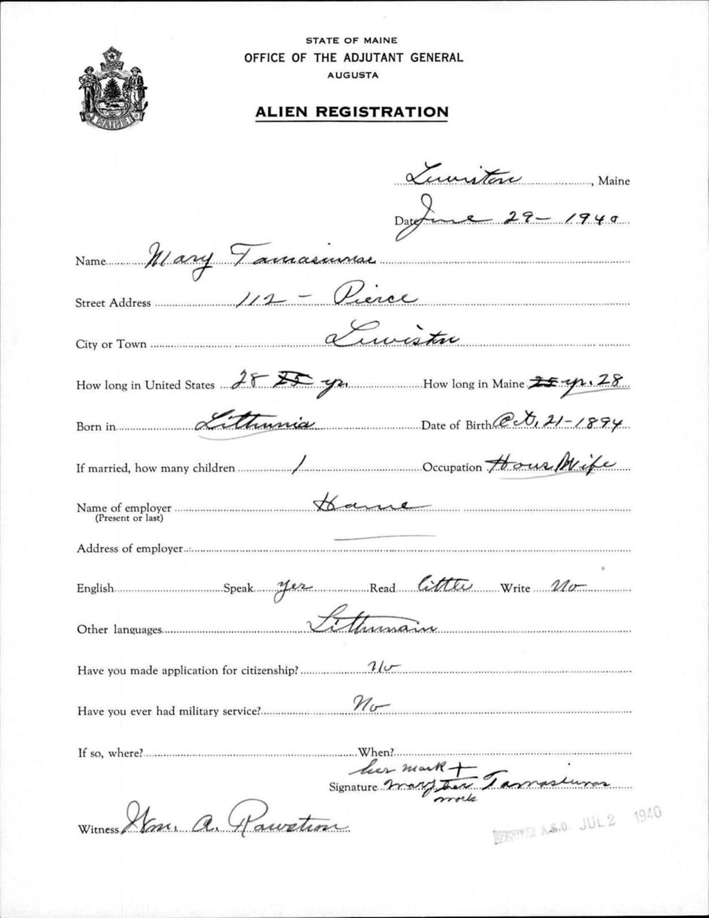 Miniature of Alien Registration- Tamasiunas, Mary (Lewiston, Androscoggin County)