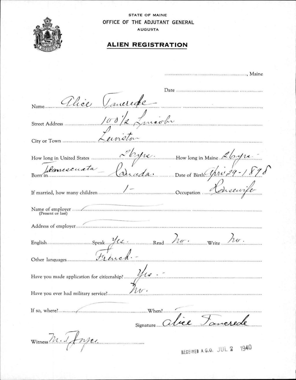 Miniature of Alien Registration- Tancrede, Alice (Lewiston, Androscoggin County)